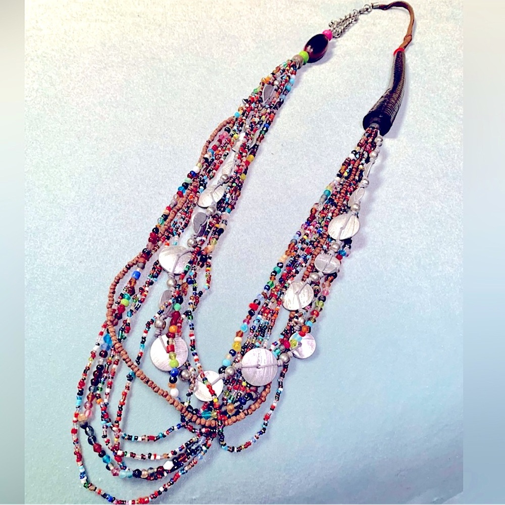 Vintage Boho white Mother-of-Pearl beads Multistrand seed bead necklace